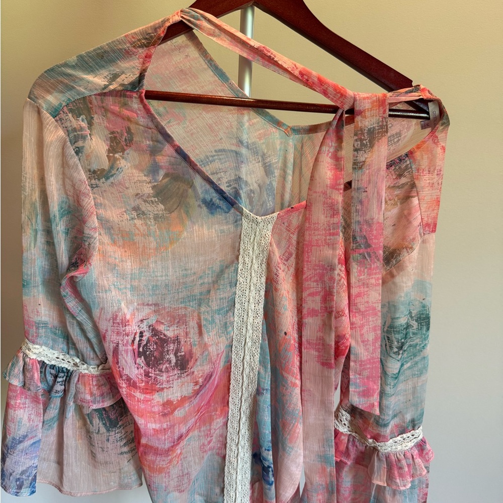 Pink and Blue Ruffled Tie Front 3/4 Sleeve Blouse
